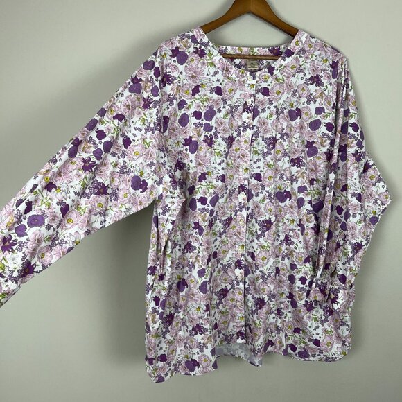 Duluth Tunic Top Womens 3X Lavender Floral Wrinklefighter Collarless Button Down - Picture 4 of 11